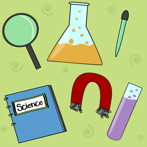 Science Things- Beaker, magnifying glass, notebook, magnet, eye dropper