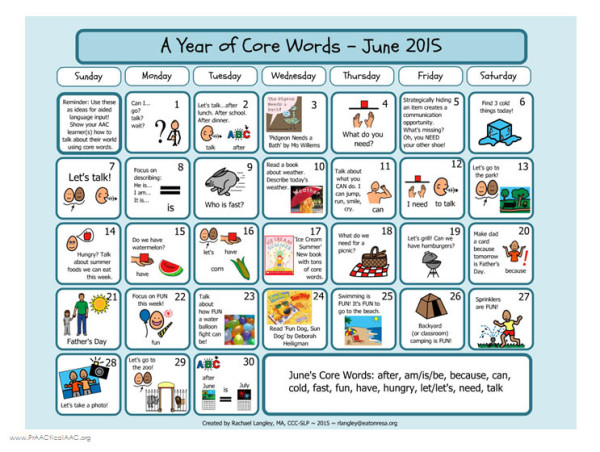 PrAACtically June: Core Word Calendar by Rachael Langley