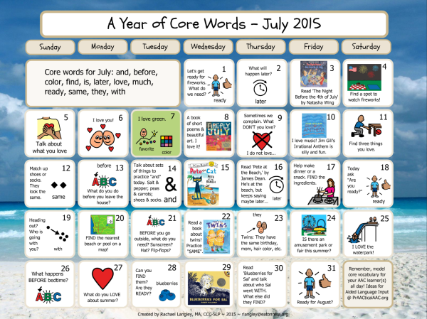 PrAACtically July: Core Word Calendar by Rachael Langley