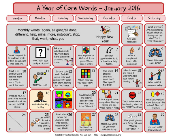 January Core Word Calendar by Rachael Langley