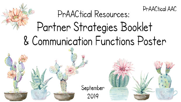 Decorative image reading PrAACtical Resources: Partner Strategies Booklet & Communication Functions Poster