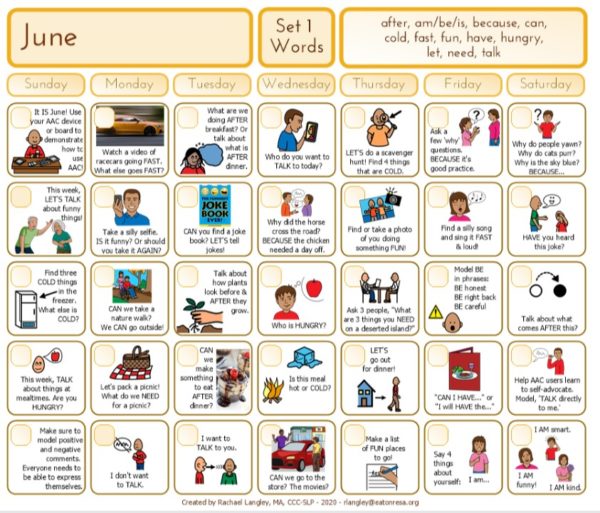 AACtivity Calendar for June Core Vocabulary Words