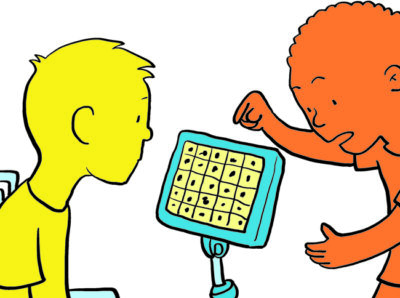 Graphic image of two figures looking at an AAC device